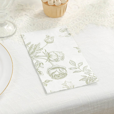 50-Pack Paper Dinner Napkins 2-Ply White with Matte Sage Green French Toile Floral Pattern - Soft Disposable Party Napkins