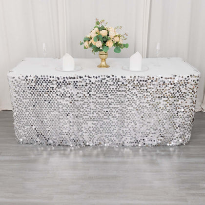 Payette Sequin Table Skirt 21ft Silver - Dual Layered Satin Sparkly Table Cover
