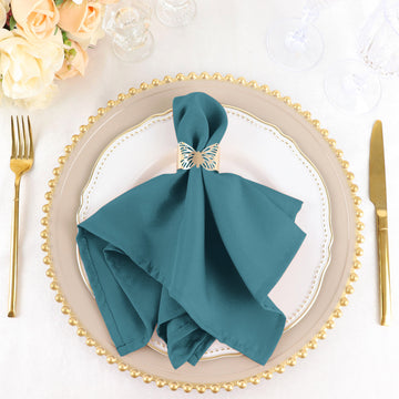 5 Pack Peacock Teal Seamless Cloth Dinner Napkins, Wrinkle Resistant Linen 17"x17"