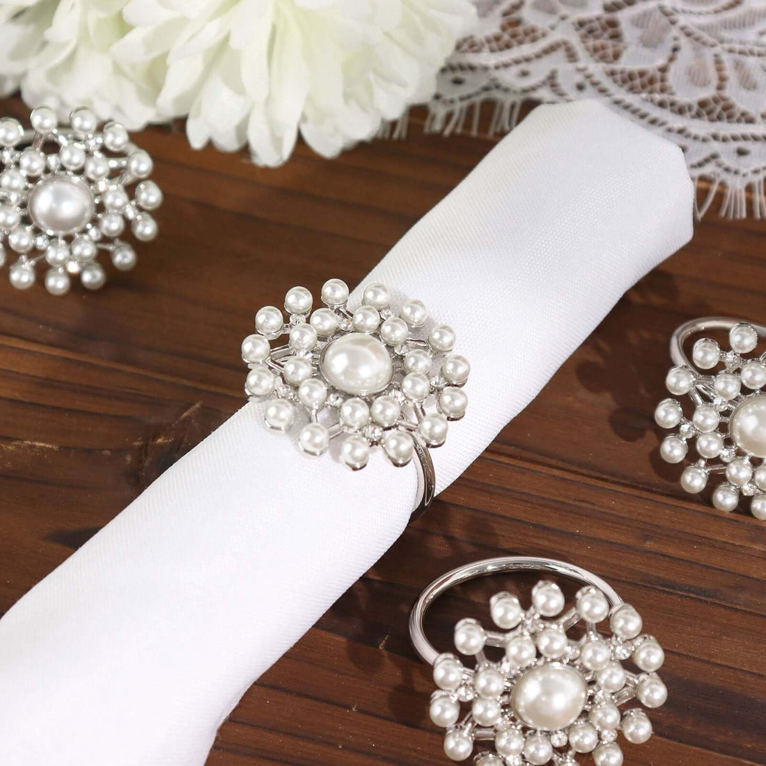 4-Pack Pearl Diamond Silver Napkin Rings | eFavormart
