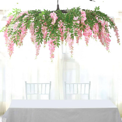 Artificial Silk Wisteria Vine Round Hanging Canopy in Pink & Dusty Rose, Draping Garland Flower Chandelier With Interchangeable Branches 55"