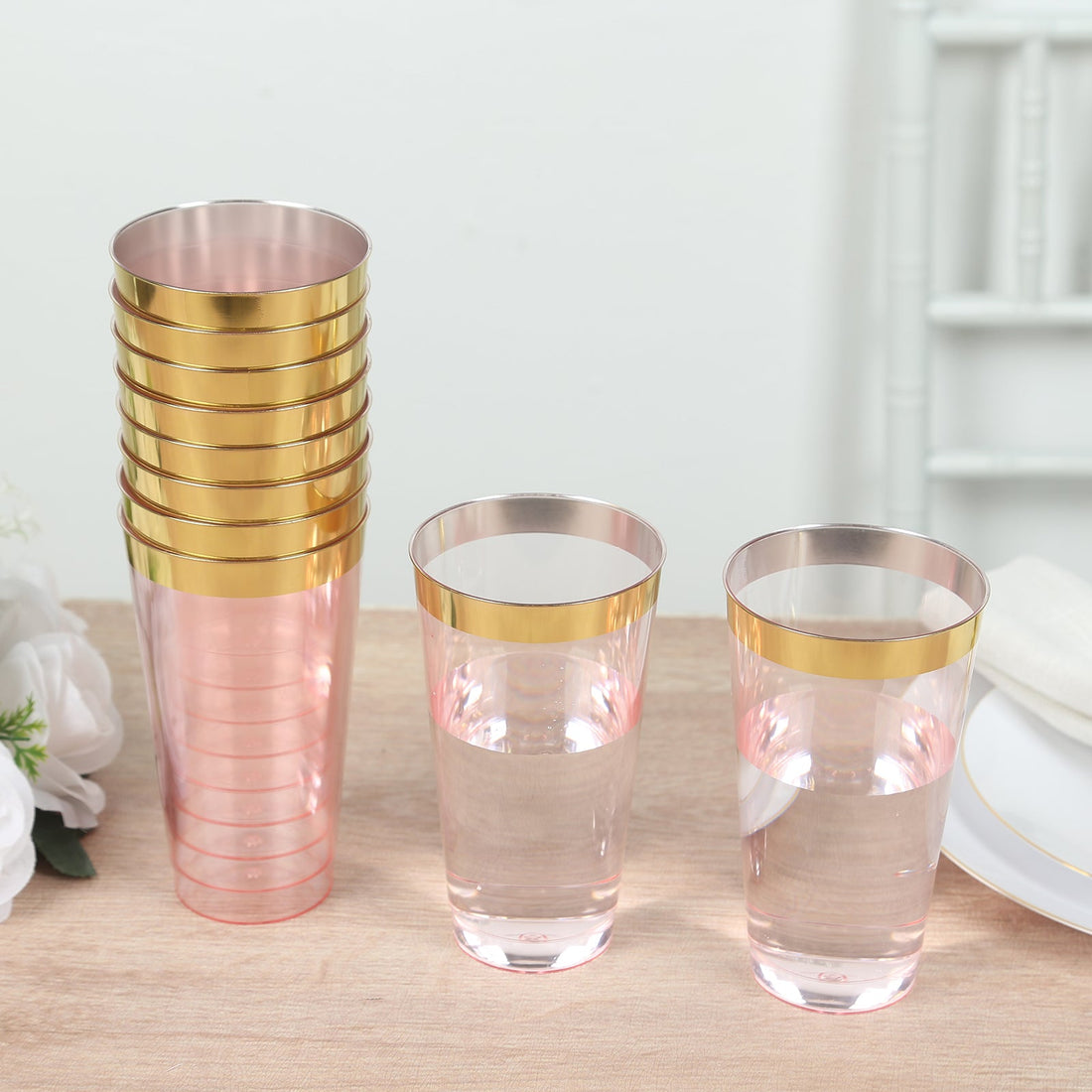 Plastic Party Cups 17oz Transparent Blush with Gold Rim | eFavormart