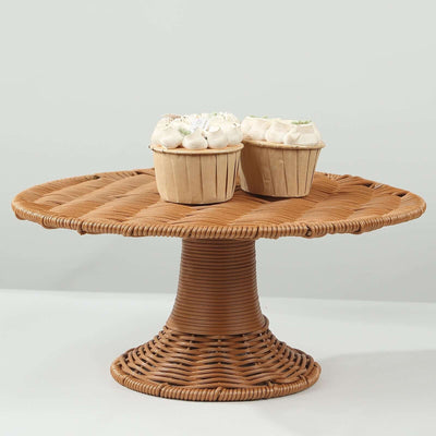 Plastic Round Rattan Wicker Pedestal Cake Stand 12" Natural - Lightweight Rustic Cupcake Holder Dessert Table Display Centerpiece for Weddings