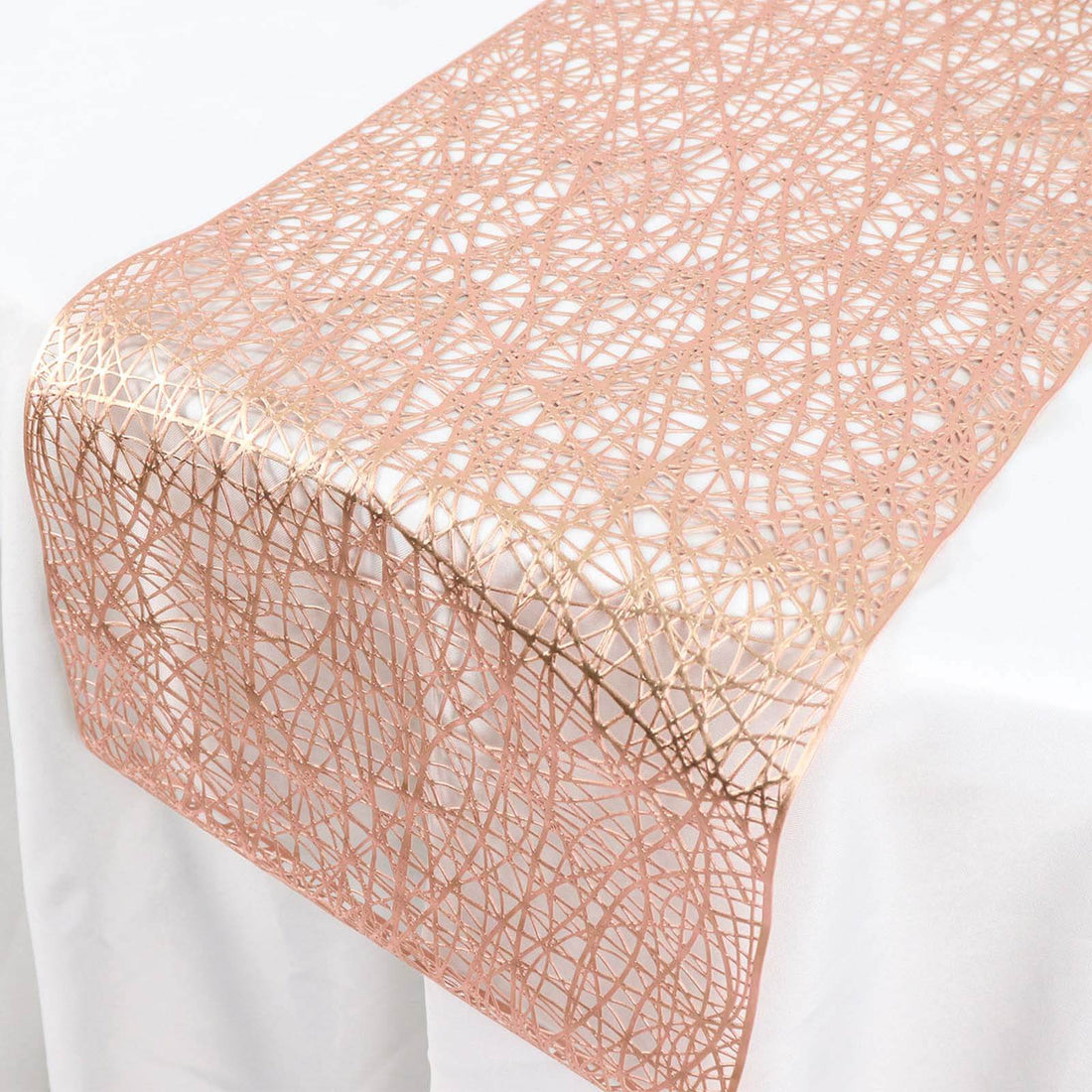 Rose gold lace table runner with intricate design. #whtbkgd