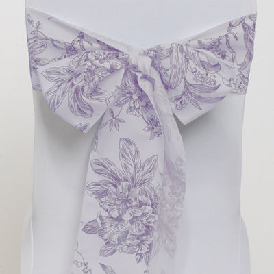 Polyester Chair Sashes 6"x108" White Lavender Lilac French Toile Floral Design - Durable & Reusable Chair Bows for Classy Event Styling