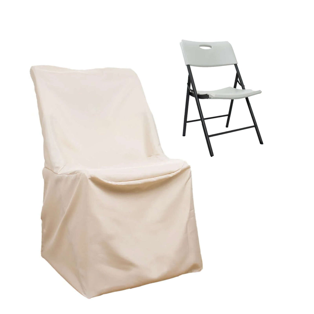 Two folding chairs, one with a cover and one without, on a white background.