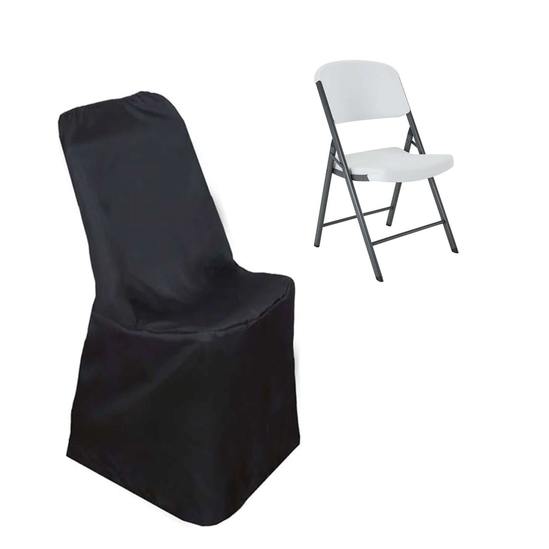 Black chair cover and white folding chair on a plain background