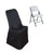 Black chair cover and white folding chair on a plain background