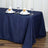 Navy tablecloth with white dinnerware and folded napkins on a dining table.