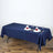 Navy blue tablecloth draped over a dining table set for two with elegant napkin decor.