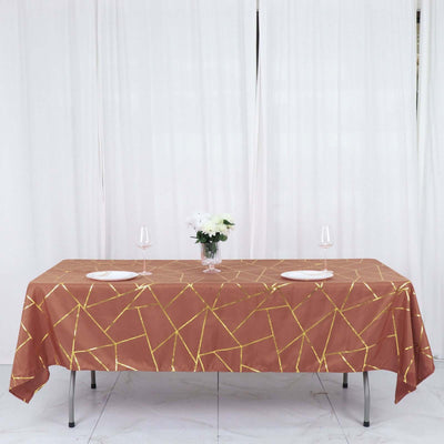 Polyester Rectangle Tablecloth 60"x102" Terracotta (Rust) with Gold Foil Geometric Pattern - Wrinkle-Resistant & Durable Table Cover
