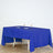 Blue tablecloth draped over a dining table with plates and glasses.