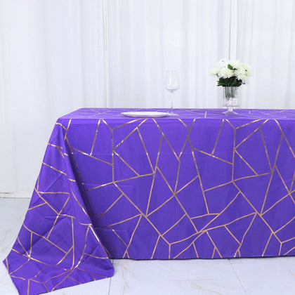 Polyester Rectangle Tablecloth 90"x132" Purple with Gold Foil Geometric Pattern - Seamless & Wrinkle-Resistant Table Cover