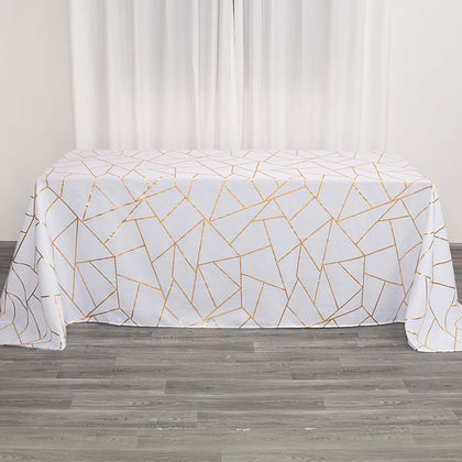 Polyester Rectangle Tablecloth 90"x132" White with Gold Foil Geometric Pattern - Seamless and Wrinkle-Resistant Table Cover for Sophisticated Weddings & Events