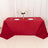 Red tablecloth draped over a table set for dinner with flowers and plates.
