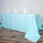 Table set with aqua tablecloth, glasses, and rose-decorated napkins.