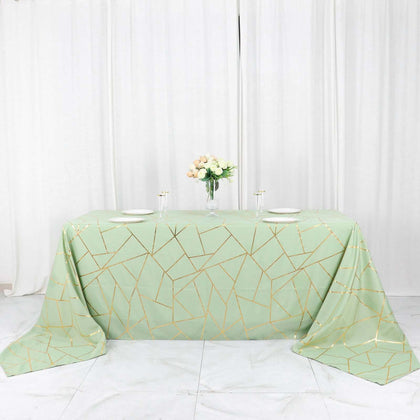 Polyester Rectangle Tablecloth 90"x156" Sage Green with Gold Foil Geometric Pattern - Seamless & Wrinkle-Resistant Table Cover