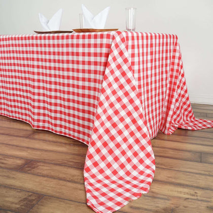 Polyester Rectangle Tablecloth 90"x156" White/Red Checkered Buffalo Plaid Design - Seamless Country-Style Decor for Gatherings