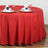 Red tablecloth draping a round table set for dinner with elegant napkin folds.