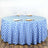 Blue and white checkered tablecloth draped over an oval table with plates and glasses.