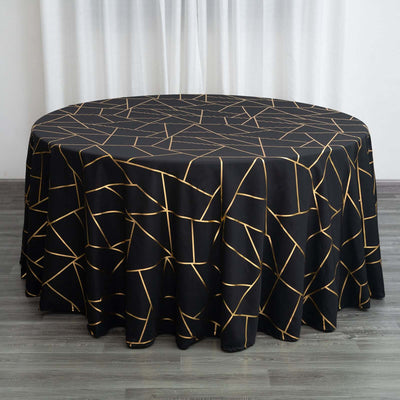 Polyester Round Tablecloth 120" Black with Gold Foil Geometric Pattern - Seamless and Wrinkle-Resistant Table Cover for Trendy Weddings & Events