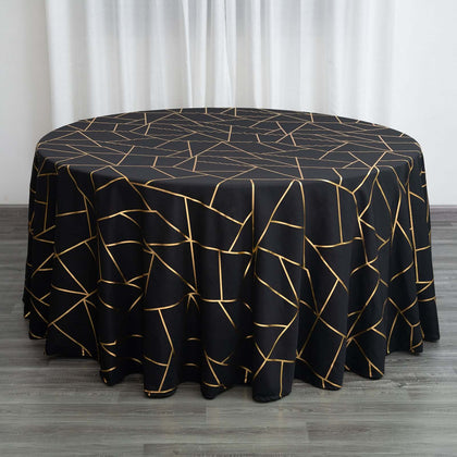 Polyester Round Tablecloth 120" Black with Gold Foil Geometric Pattern - Seamless and Wrinkle-Resistant Table Cover for Trendy Weddings & Events