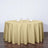 Round gold tablecloth draped over a table with glasses and napkins.