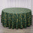 Green geometric patterned round tablecloth on a wooden surface.