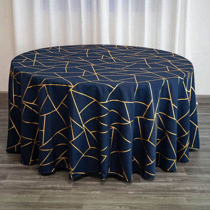 Polyester Round Tablecloth 120" Navy Blue with Gold Foil Geometric Pattern - Seamless & Wrinkle-Resistant Table Cover