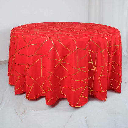 Polyester Round Tablecloth 120" Red with Gold Foil Geometric Pattern - Seamless & Wrinkle-Resistant Table Cover