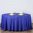 Round blue tablecloth on a table set for dining with glasses and napkin decor.