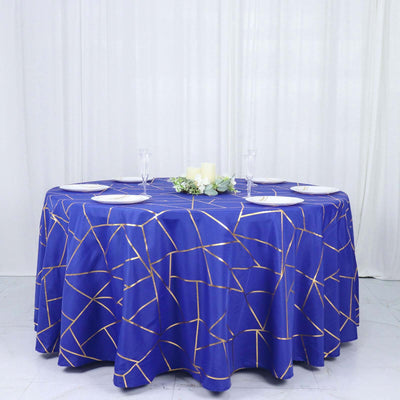 Polyester Round Tablecloth 120" Royal Blue with Gold Foil Geometric Pattern - Seamless & Wrinkle-Resistant Table Cover