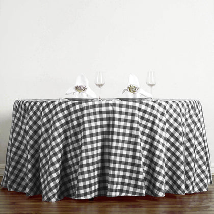 Polyester Round Tablecloth 120" White/Black Checkered Buffalo Plaid Design - Seamless Rustic Table Cover