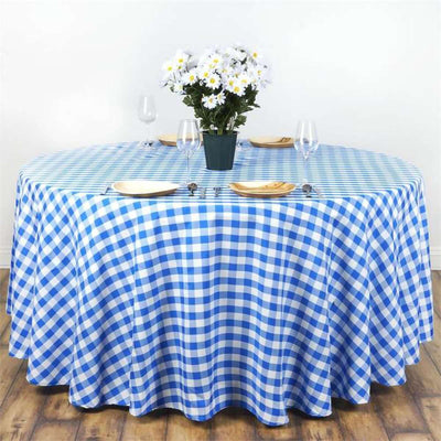 Polyester Round Tablecloth 120" White/Blue Checkered Buffalo Plaid Design - Seamless Rustic Table Cover