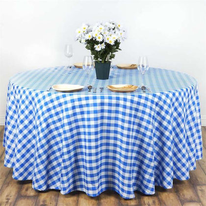 Polyester Round Tablecloth 120" White/Blue Checkered Buffalo Plaid Design - Seamless Rustic Table Cover