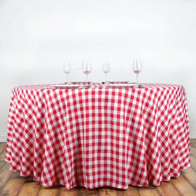 Polyester Round Tablecloth 120" White/Red Checkered Buffalo Plaid Design - Seamless Rustic Decor for Events