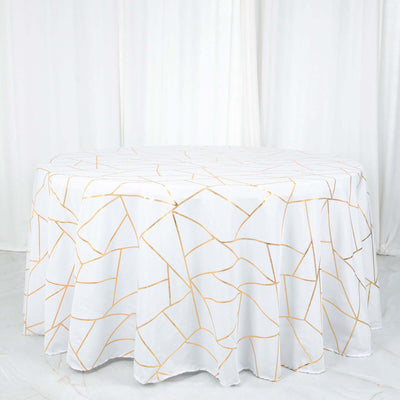 Polyester Round Tablecloth 120" White with Gold Foil Geometric Pattern - Seamless and Wrinkle-Resistant Table Cover for Trendy Weddings & Events