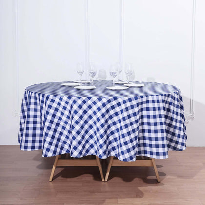 Polyester Round Tablecloth 90" White/Navy Blue Checkered Buffalo Plaid Table Cover