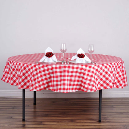 Polyester Round Tablecloth 90" White/Red Checkered Buffalo Plaid Design - Rustic Finish for Farmhouse Gatherings