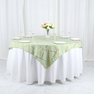 Polyester Square Overlay Tablecloth 54"x54" Sage Green with Gold Foil Geometric Pattern - Wrinkle-Resistant & Durable Table Topper