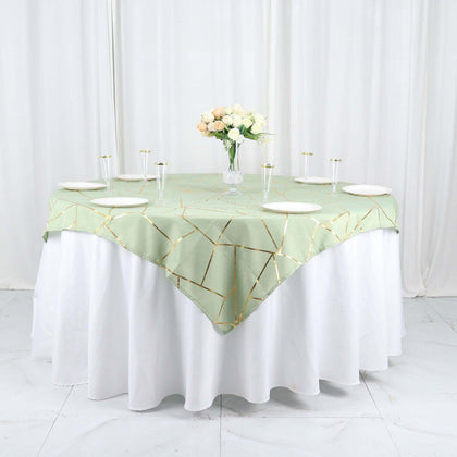 Polyester Square Overlay Tablecloth 54"x54" Sage Green with Gold Foil Geometric Pattern - Wrinkle-Resistant & Durable Table Topper