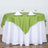 Green tablecloth draped over a round white table with dinnerware and glasses.