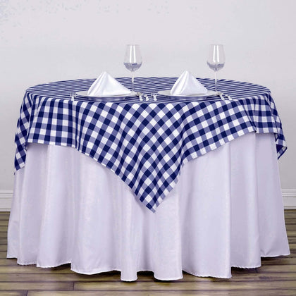 Polyester Square Table Overlay 54"x54" White/Navy Blue Checkered Buffalo Plaid Tablecloth Topper