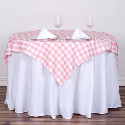 Polyester Square Table Overlay 54"x54" White/Rose Quartz Checkered Buffalo Plaid Tablecloth Topper