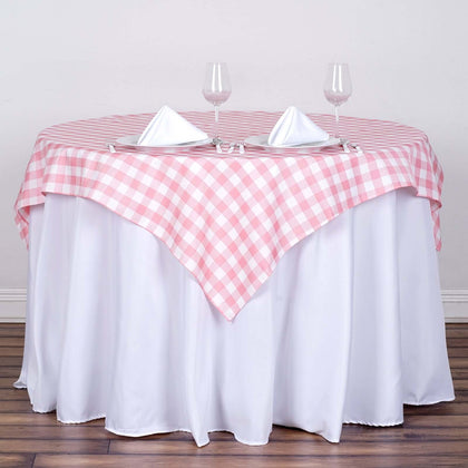 Polyester Square Table Overlay 54"x54" White/Rose Quartz Checkered Buffalo Plaid Tablecloth Topper