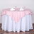 Pink gingham tablecloth draped over a round white table with glasses and napkins.