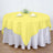 Yellow round tablecloth draped over a white table with napkins.