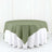 Round green tablecloth draped over a white table.