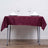 Table set with burgundy tablecloth, plates, and glasses for a dining experience.