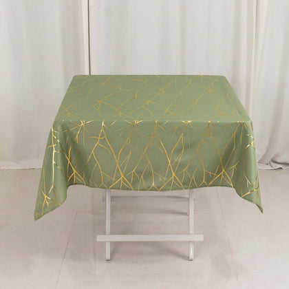 Polyester Square Tablecloth 54"x54" Dusty Sage Green with Gold Foil Tree Branch Pattern - Wrinkle-Resistant & Durable